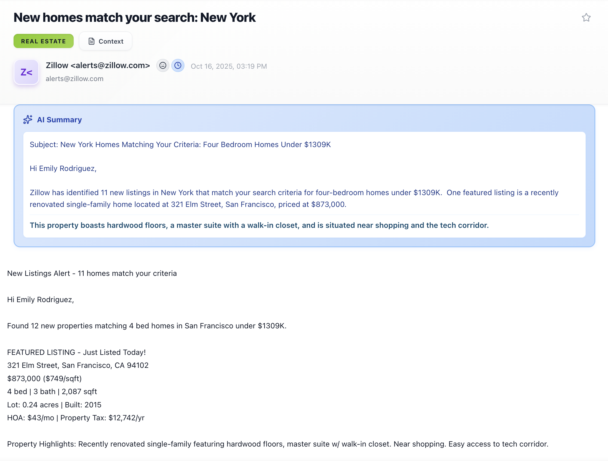 Compact email summary widget for fast triage